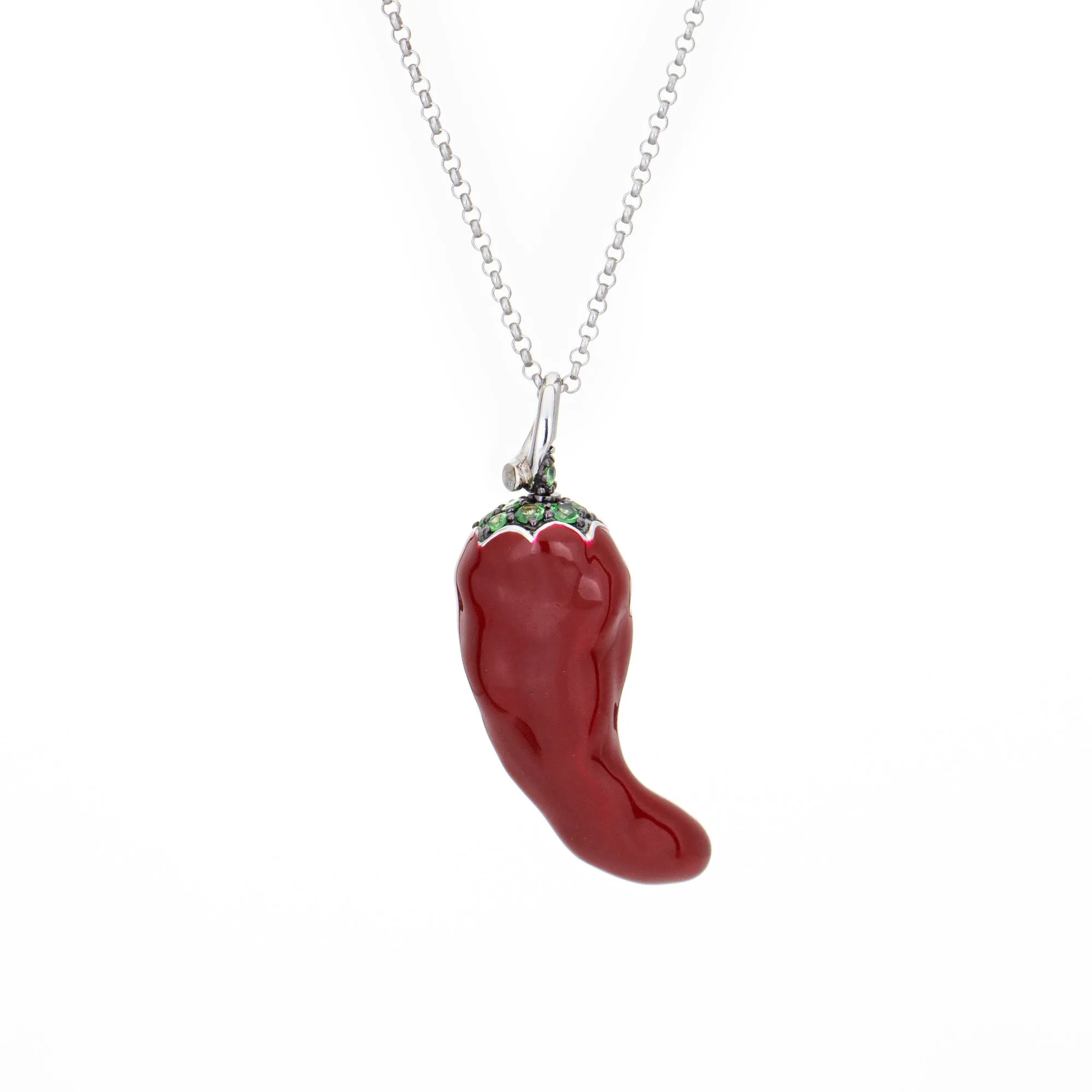 Red Hot Chili Pepper Necklace Diamond Tsavorite Garnet Enamel 14k White Gold