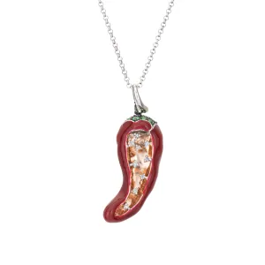 Red Hot Chili Pepper Necklace Diamond Tsavorite Garnet Enamel 14k White Gold