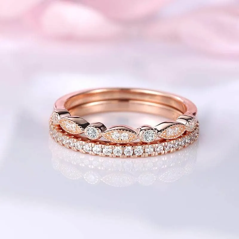 Rose Gold Art Deco Half Eternity Stacking Wedding Band Set