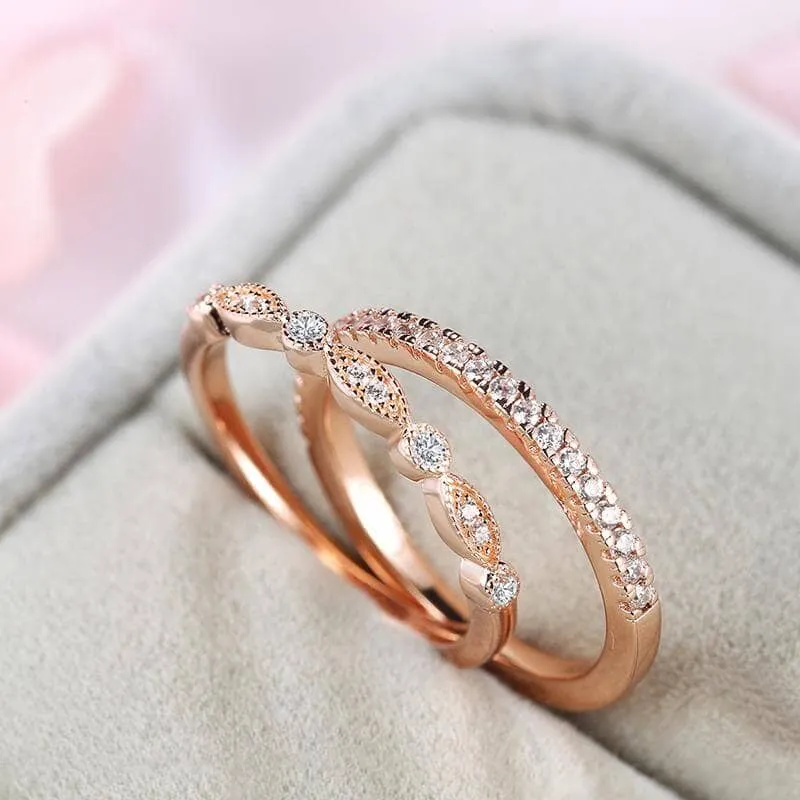 Rose Gold Art Deco Half Eternity Stacking Wedding Band Set