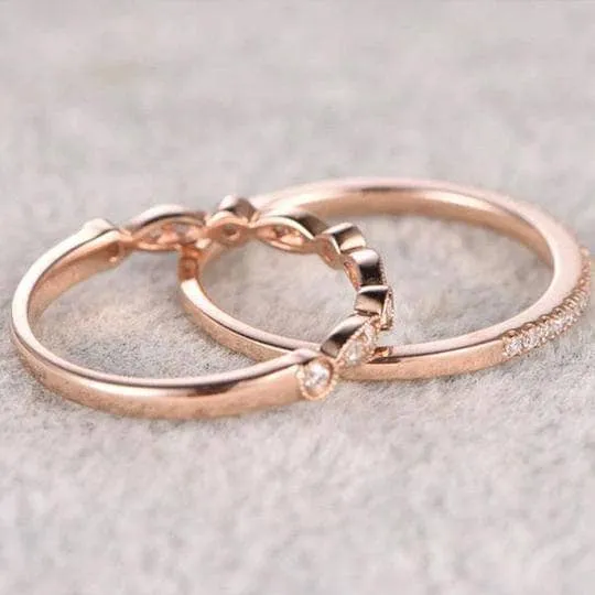 Rose Gold Art Deco Half Eternity Stacking Wedding Band Set