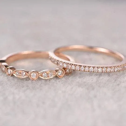 Rose Gold Art Deco Half Eternity Stacking Wedding Band Set
