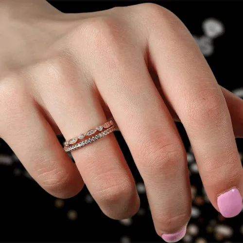 Rose Gold Art Deco Half Eternity Stacking Wedding Band Set