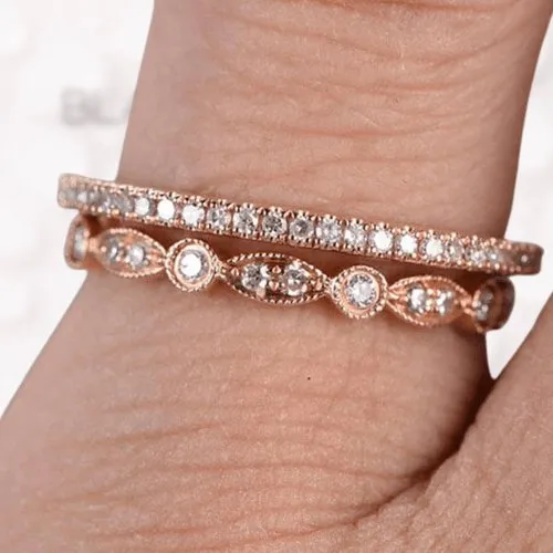Rose Gold Art Deco Half Eternity Stacking Wedding Band Set