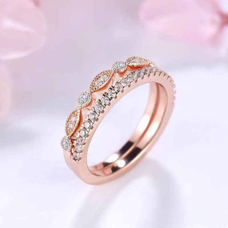Rose Gold Art Deco Half Eternity Stacking Wedding Band Set