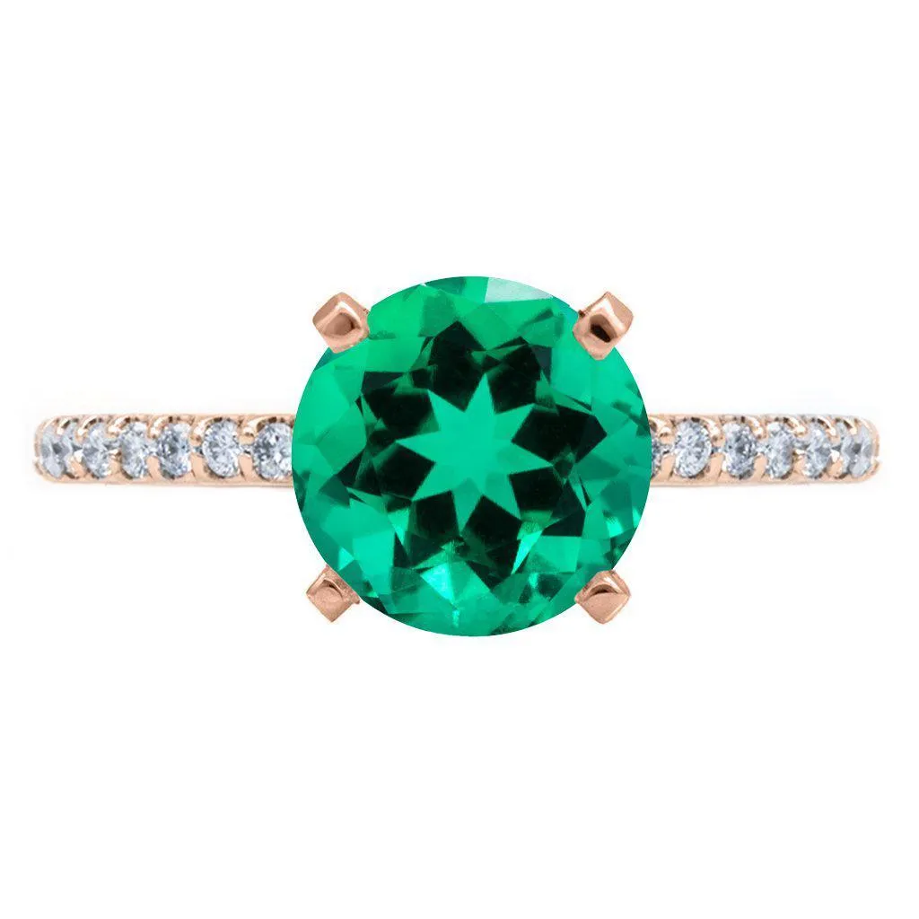 Round Emerald 4 Prongs Diamond Accent Ice Solitaire Ring