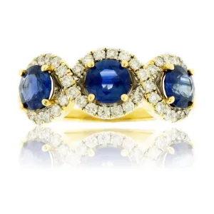Round Three Blue Sapphire & Diamond Classic Halos Ring
