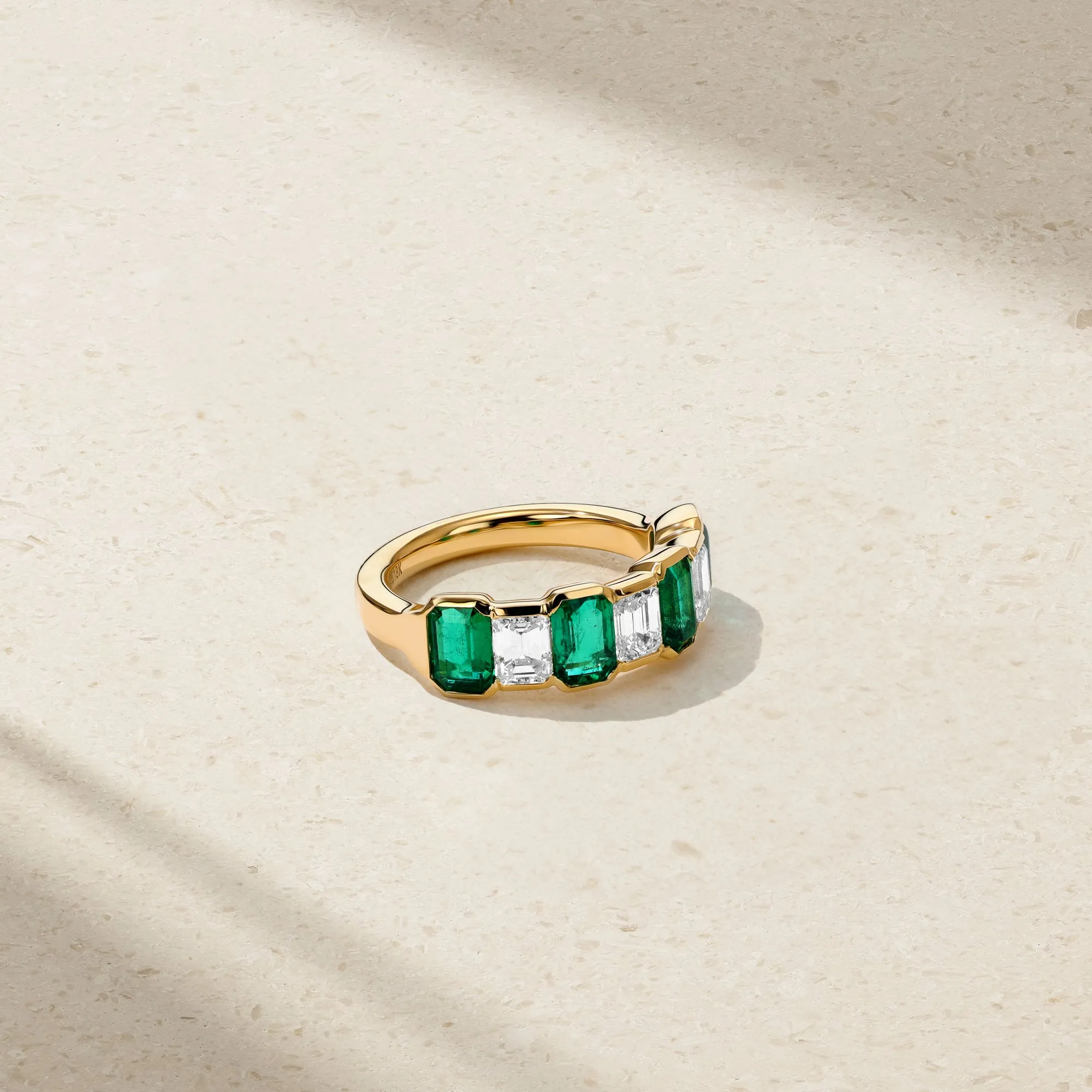 Sculpted Emerald Cut Emerald and Diamond Alternating Band