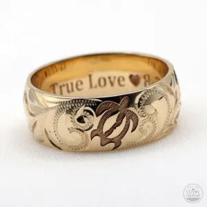 Sea Turtle  Ring From Hawaii, Made of Solid 14K Gold, Hand Engraved Design (8mm Width, Dome Style)