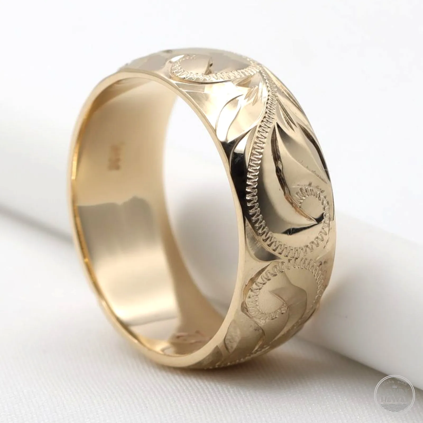 Sea Turtle  Ring From Hawaii, Made of Solid 14K Gold, Hand Engraved Design (8mm Width, Dome Style)