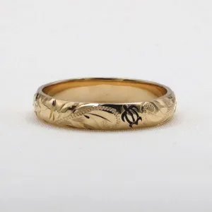 Sea Turtle Wedding Ring From Hawaii, Made of Solid 14K Gold, Hand Engraved Design (Barrel Style)