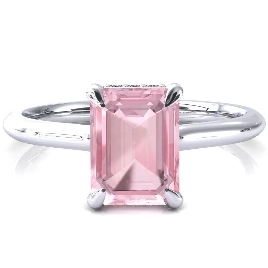Secret Emerald Pink Sapphire 4 Prong Floating Halo Engagement Ring