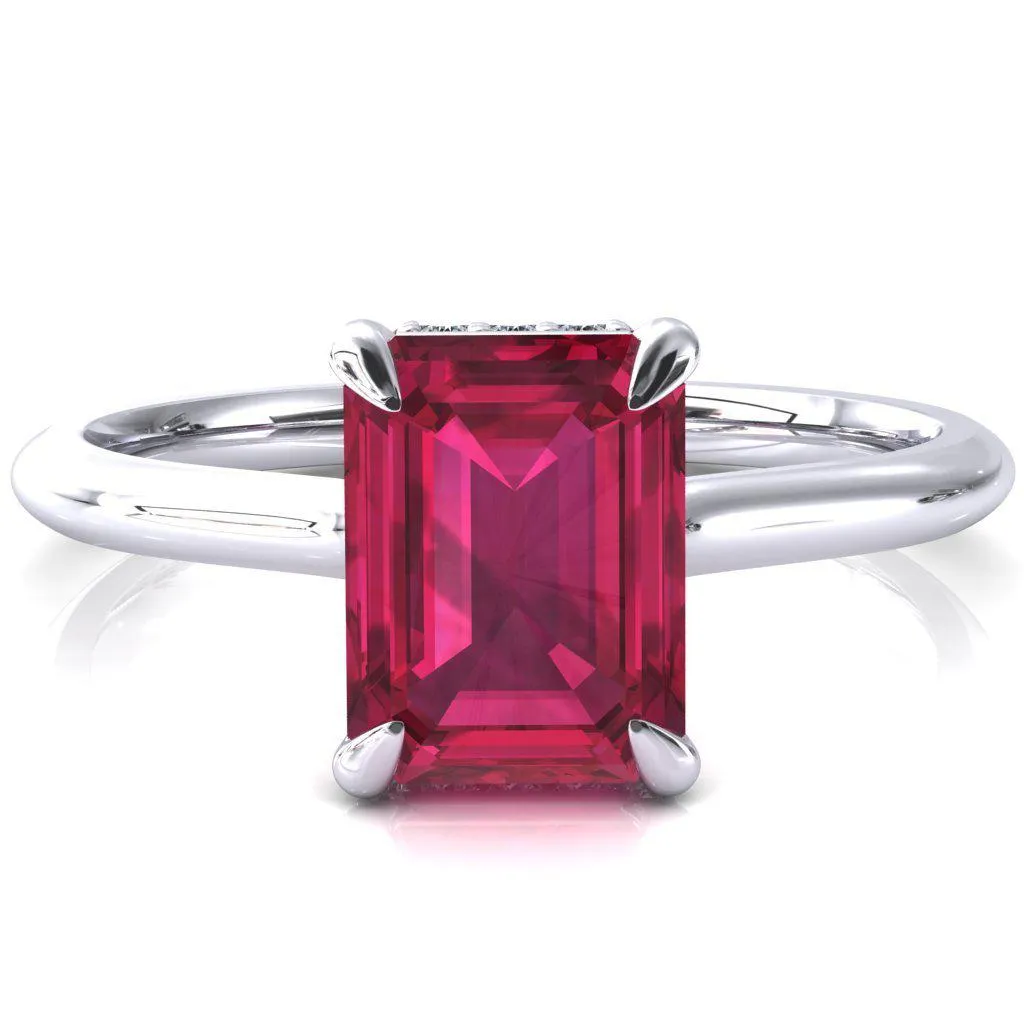 Secret Emerald Ruby 4 Prong Floating Halo Engagement Ring