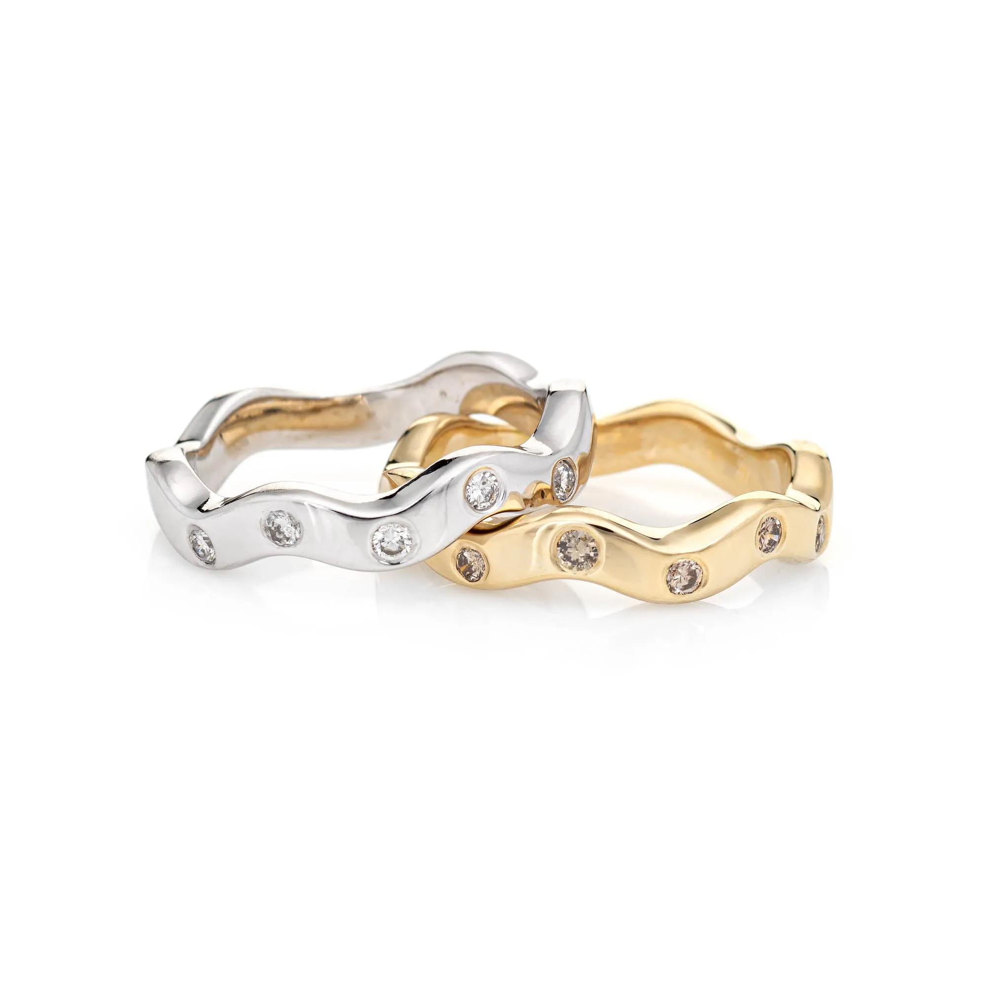 Set of 2 Diamond Rings Estate 14k Two Tone Gold Undulating Bands Sz 7.5 Jewelry