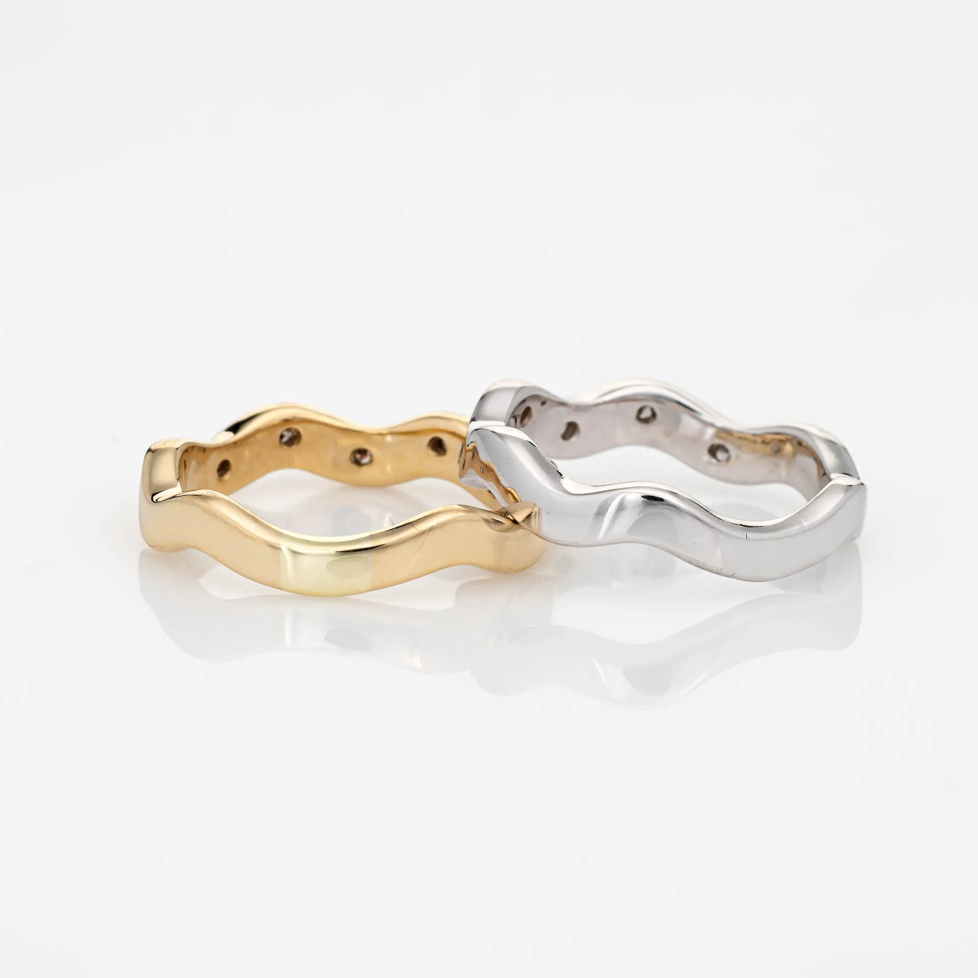 Set of 2 Diamond Rings Estate 14k Two Tone Gold Undulating Bands Sz 7.5 Jewelry