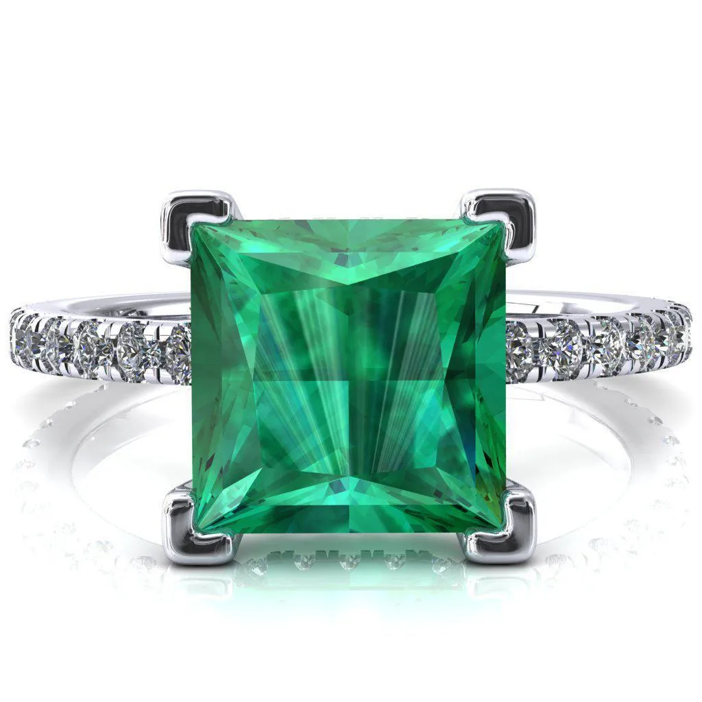 Sicili Princess Emerald 4 Prong 3/4 Micro Pave Diamond Engagement Ring