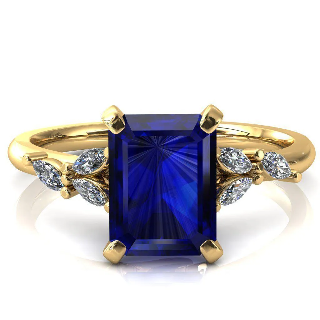 Sigrid Emerald Blue Sapphire 4 Prong Marquise Diamond Side Ring