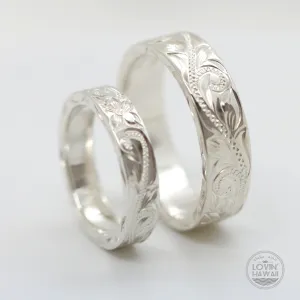 Silver Couple Promise Ring Set, Engraved with Hawaiian Heritage Design (4mm & 6mm Width)