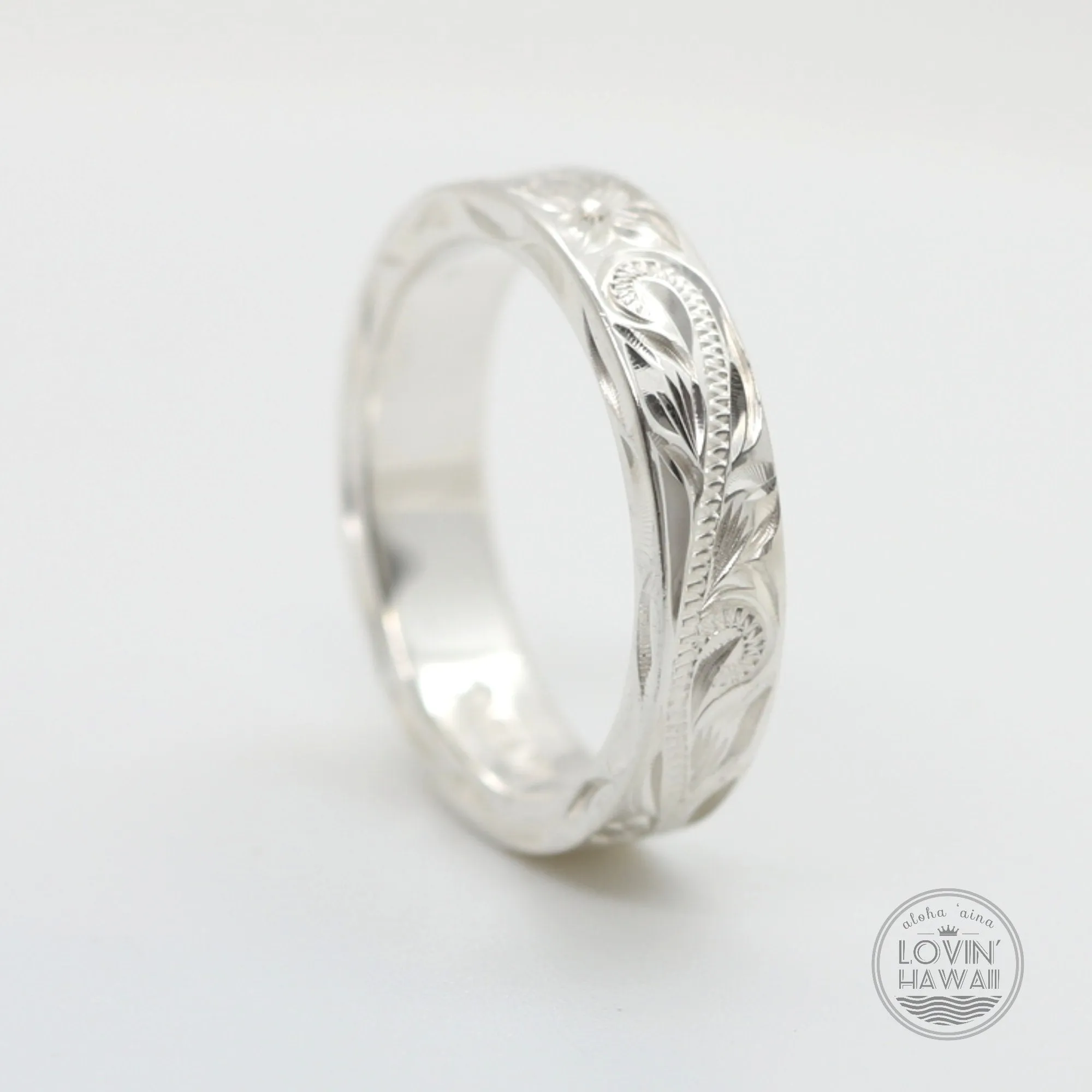 Silver Couple Promise Ring Set, Engraved with Hawaiian Heritage Design (4mm & 6mm Width)