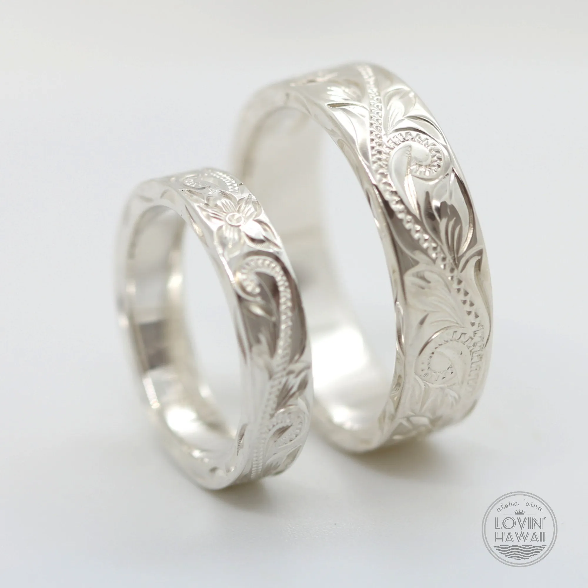 Silver Couple Promise Ring Set, Engraved with Hawaiian Heritage Design (4mm & 6mm Width)