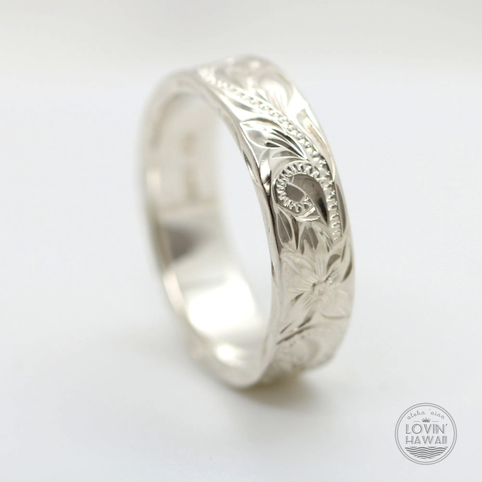Silver Couple Promise Ring Set, Engraved with Hawaiian Heritage Design (4mm & 6mm Width)