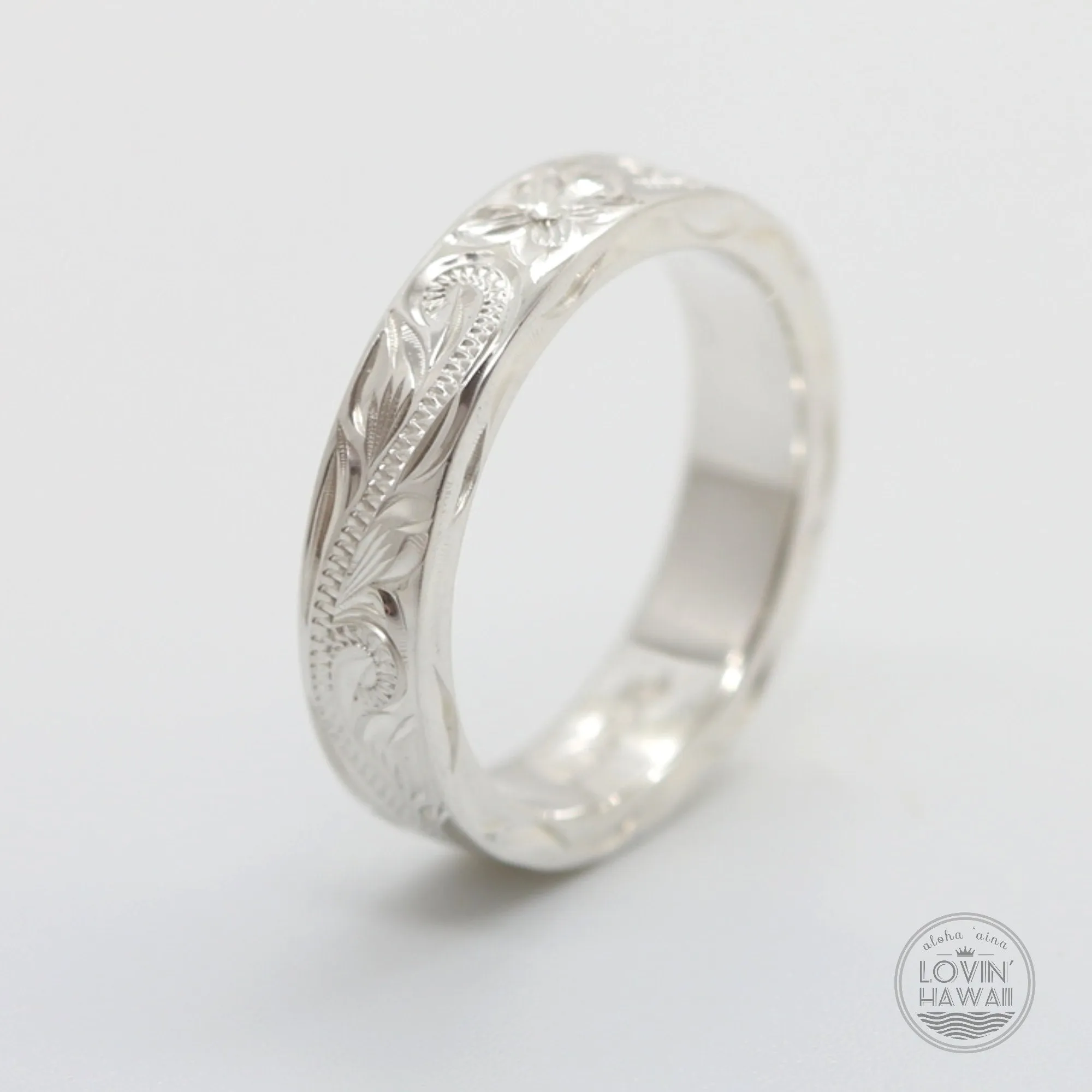 Silver Couple Promise Ring Set, Engraved with Hawaiian Heritage Design (4mm & 6mm Width)