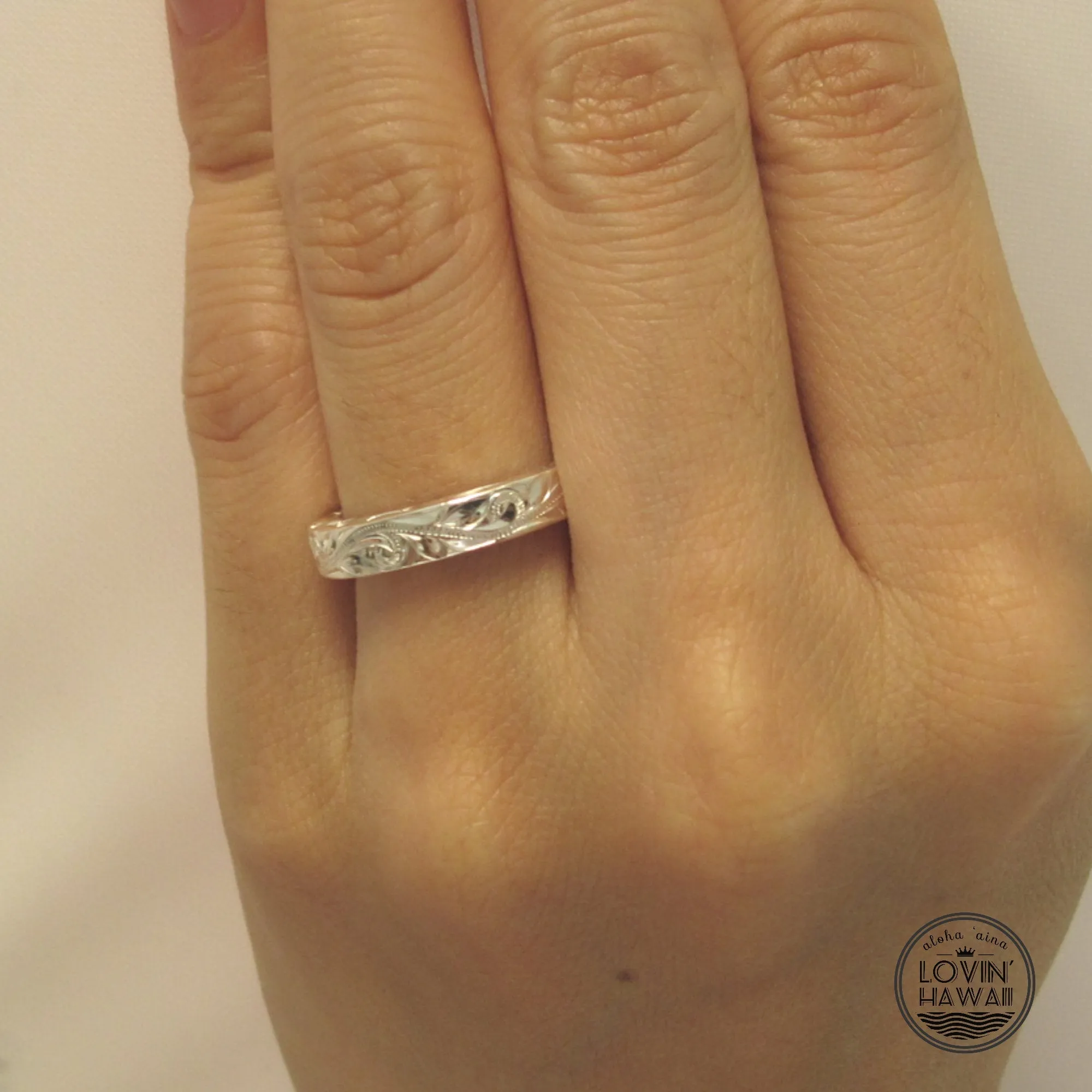 Silver Couple Promise Ring Set, Engraved with Hawaiian Heritage Design (4mm & 6mm Width)
