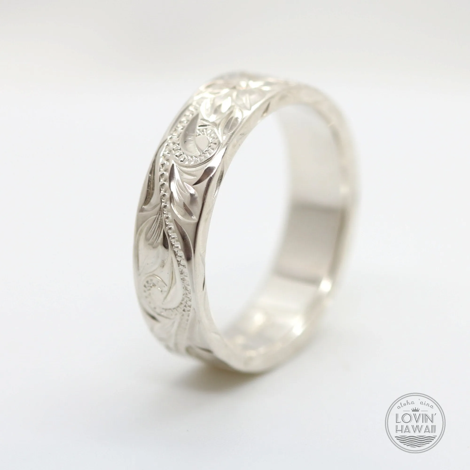 Silver Couple Promise Ring Set, Engraved with Hawaiian Heritage Design (4mm & 6mm Width)