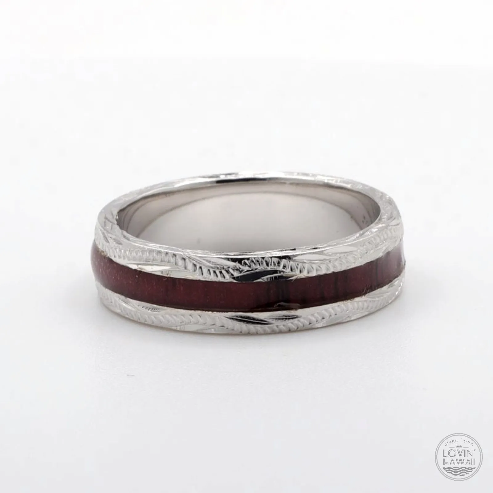 Silver Hawaiian Jewelry Ring With Koa Wood Inlay (6mm Width)
