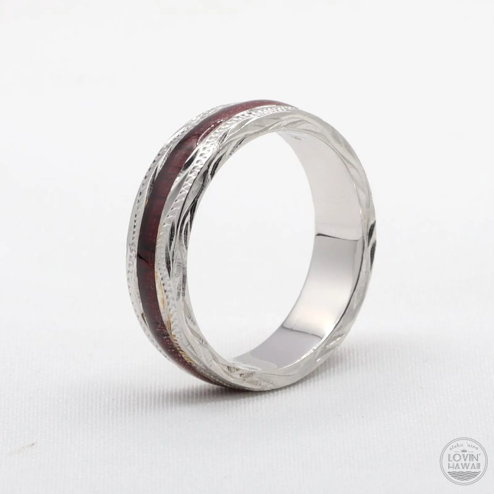 Silver Hawaiian Jewelry Ring With Koa Wood Inlay (6mm Width)