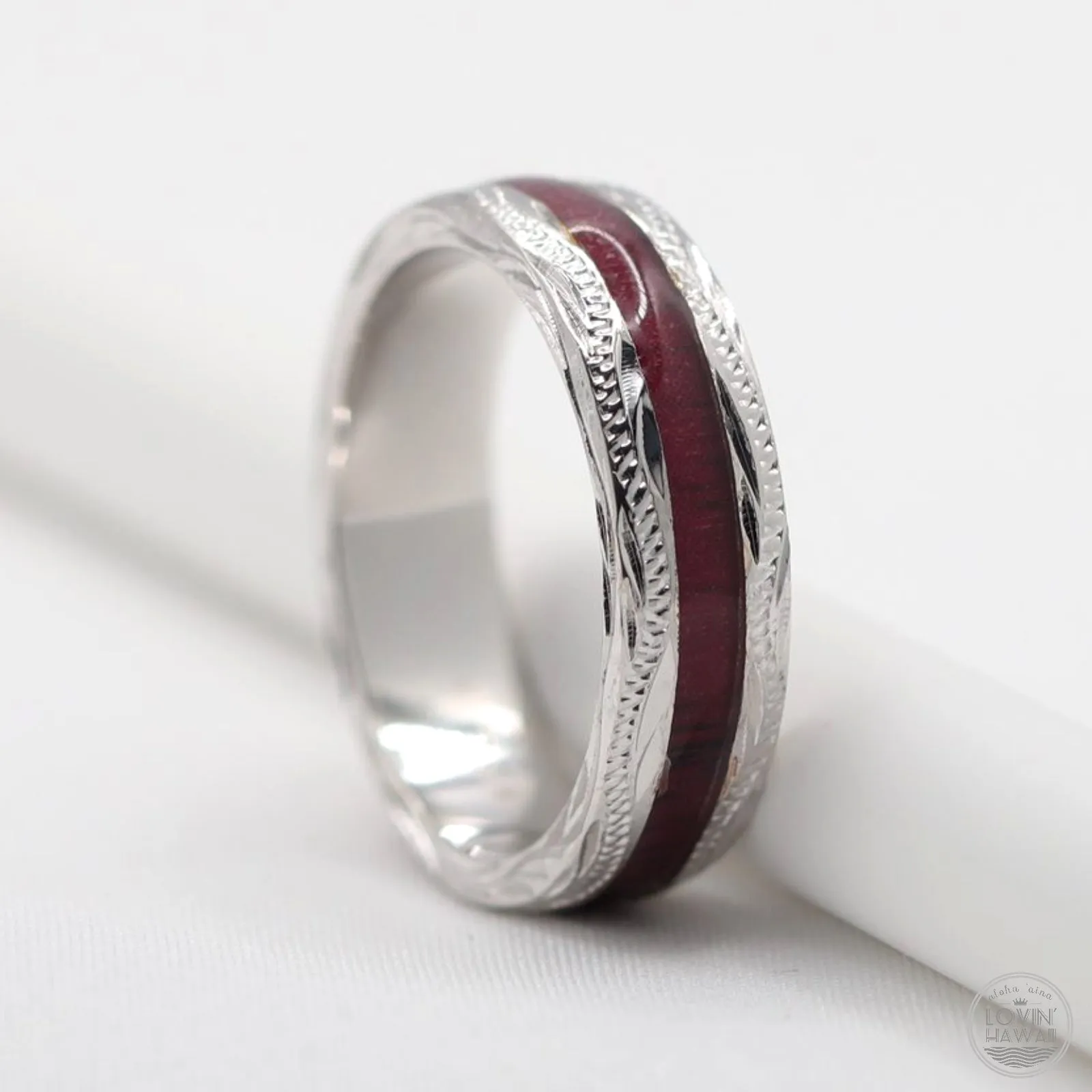 Silver Hawaiian Jewelry Ring With Koa Wood Inlay (6mm Width)