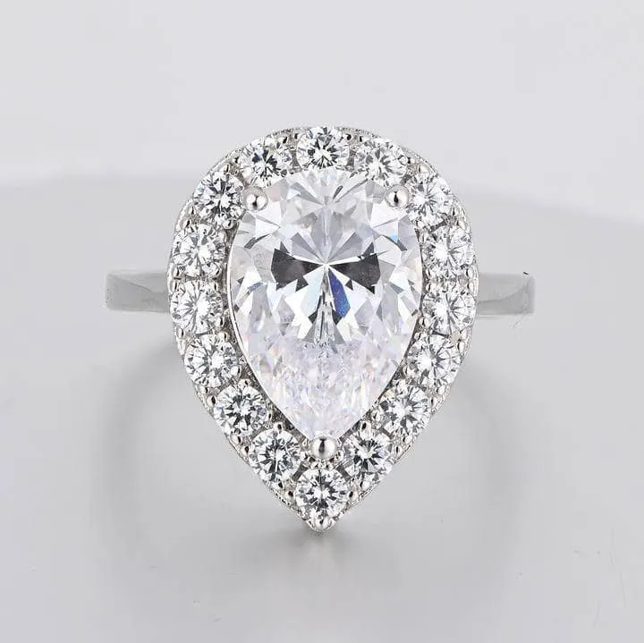 Simulated Diamond Pear Cut Halo Engagement Ring