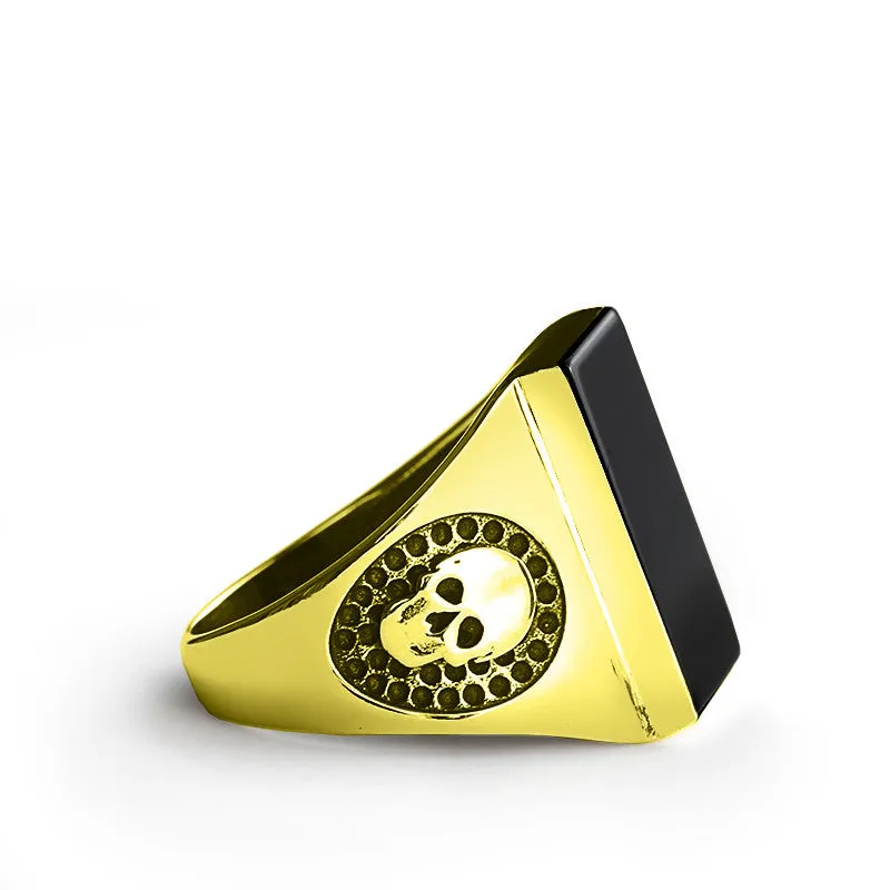 Skull Men's Ring in 14k Yellow Gold with Natural Black Onyx Stone