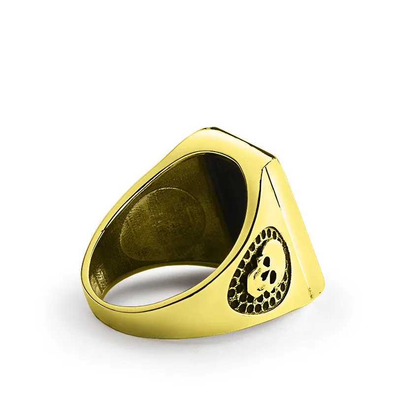 Skull Men's Ring in 14k Yellow Gold with Natural Black Onyx Stone