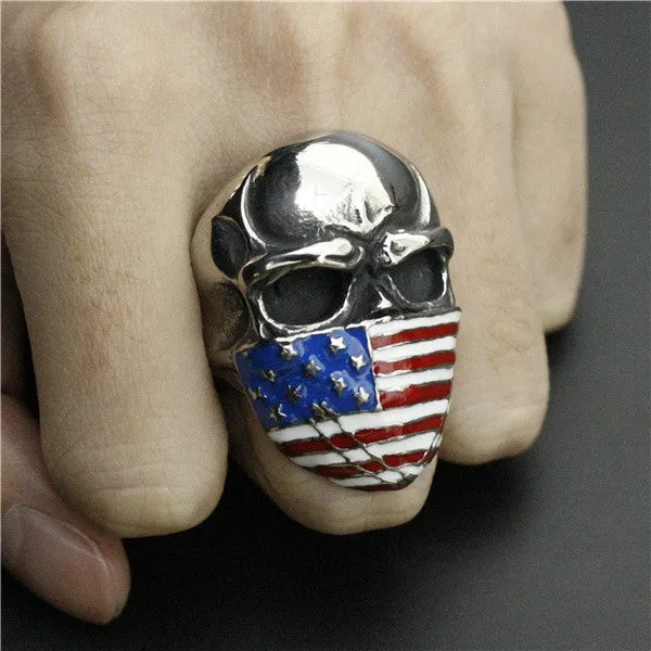 Stainless Steel Skull with American Flag Mask Ring