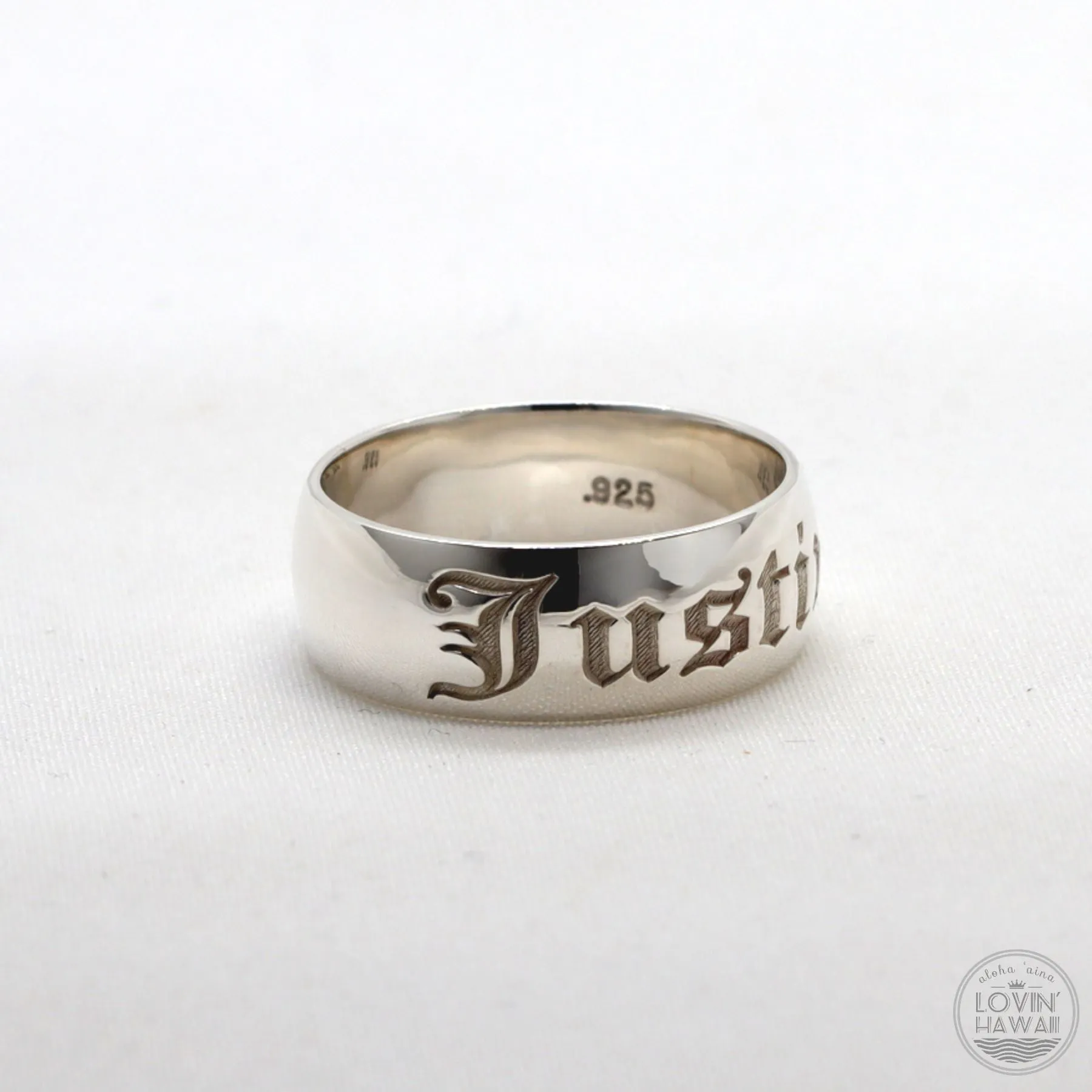 Sterling Silver Custom Ring With Name Engraved (8MM Width, Dome Style) )