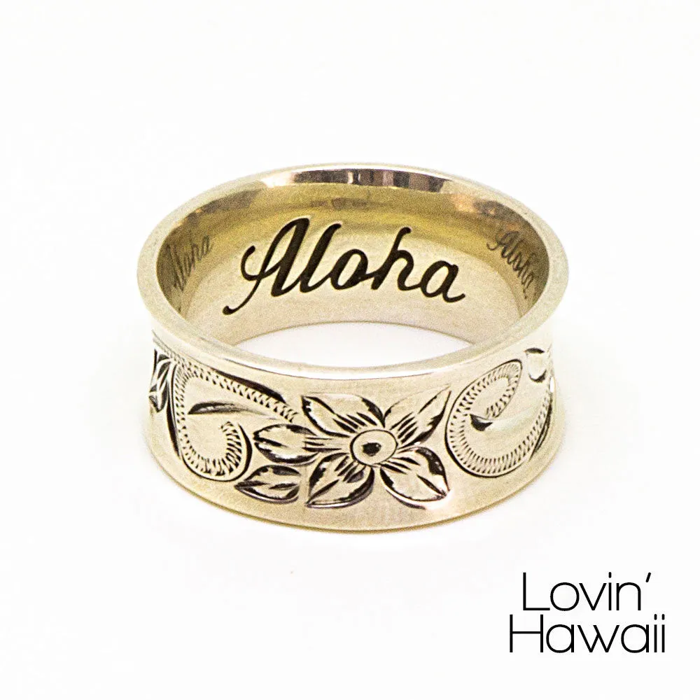Sterling Silver Hawaiian Jewelry Rings with Plumeria Flower & Maile Leaf Design (10mm Width)