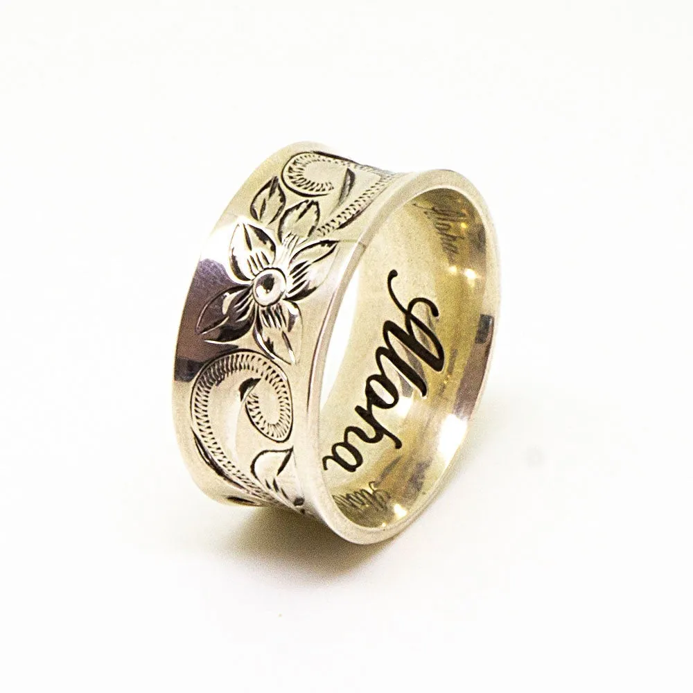 Sterling Silver Hawaiian Jewelry Rings with Plumeria Flower & Maile Leaf Design (10mm Width)