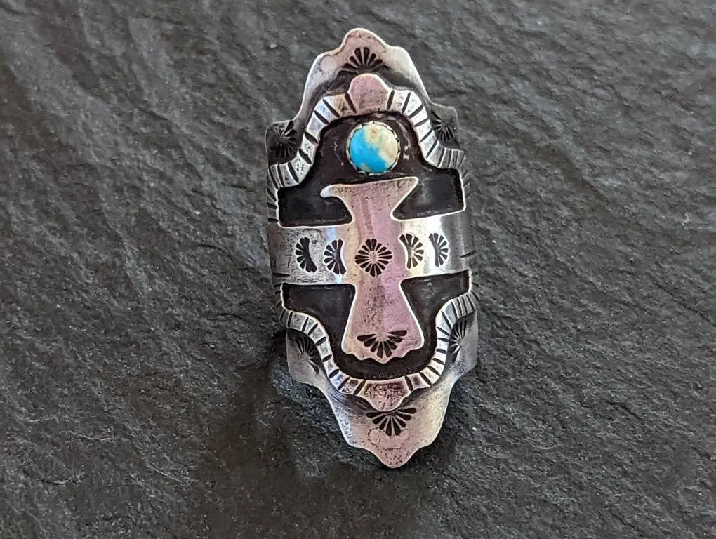 Sterling silver saddle ring - large with thunderbird and American mined Turquoise - NiciArt