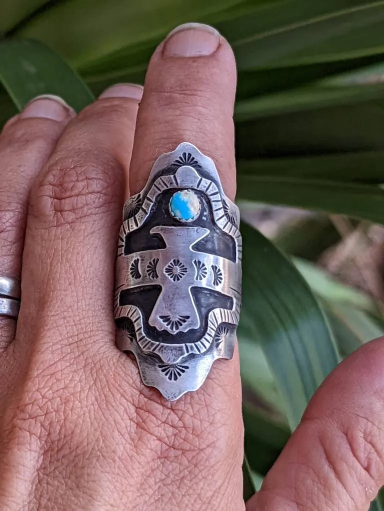 Sterling silver saddle ring - large with thunderbird and American mined Turquoise - NiciArt
