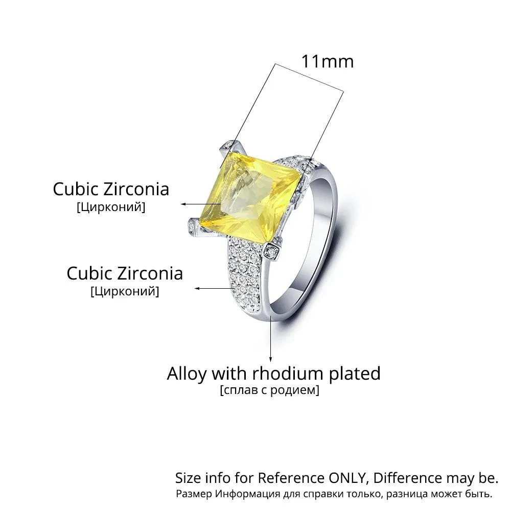 Sterling Silver Square Yellow CZ Alloy with Rhodium Plated Ring for Women