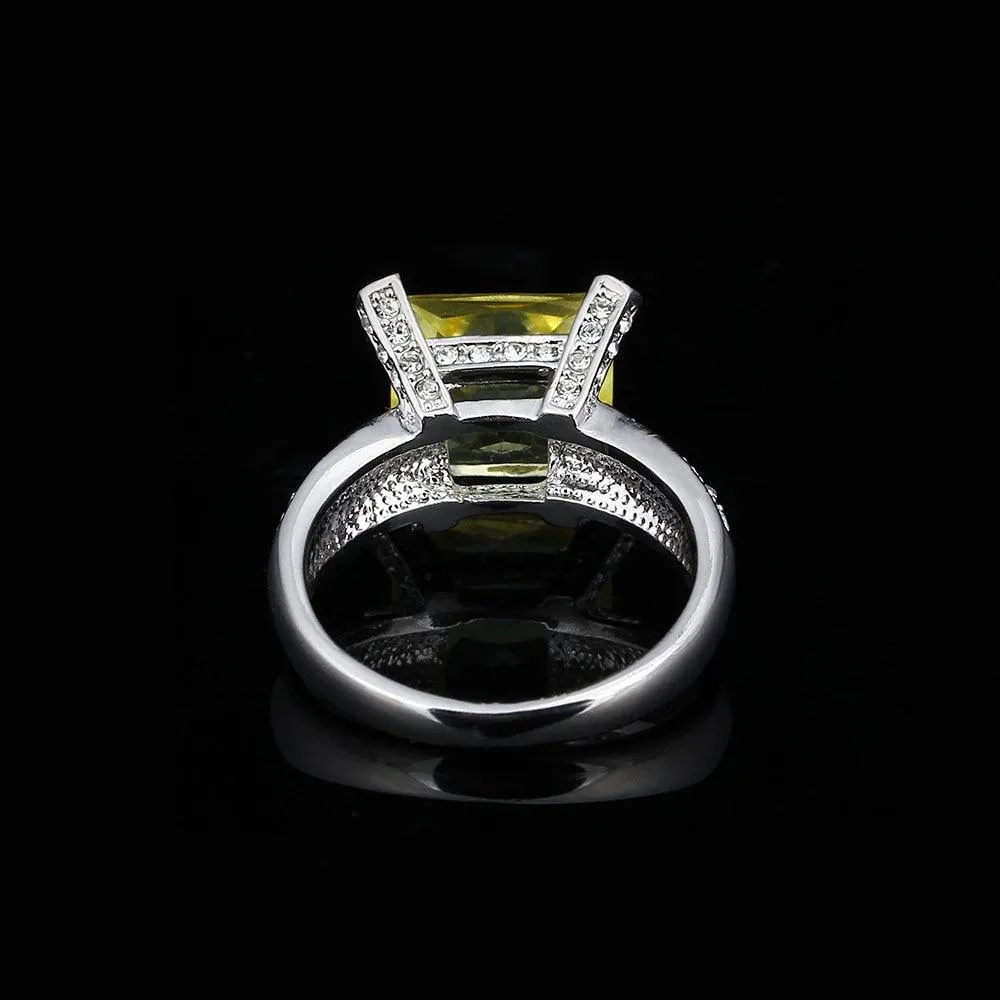 Sterling Silver Square Yellow CZ Alloy with Rhodium Plated Ring for Women