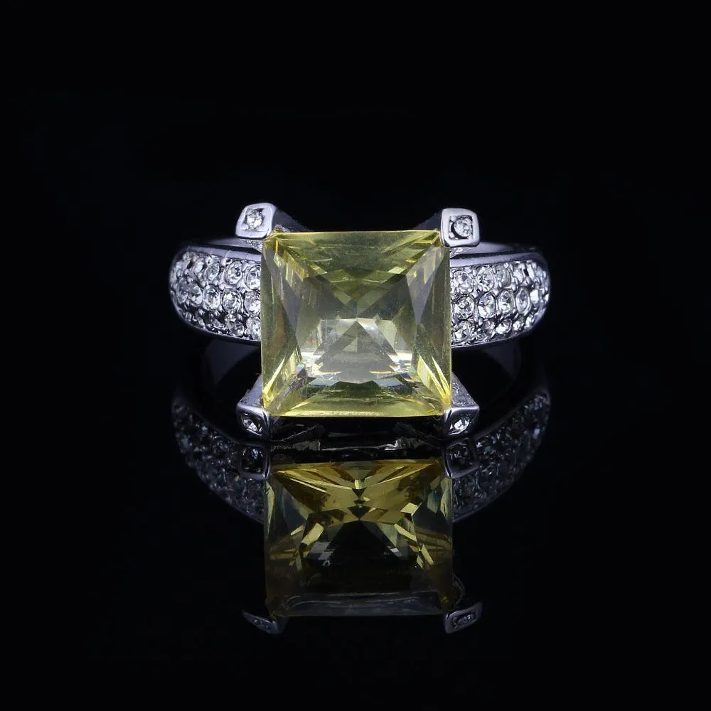 Sterling Silver Square Yellow CZ Alloy with Rhodium Plated Ring for Women