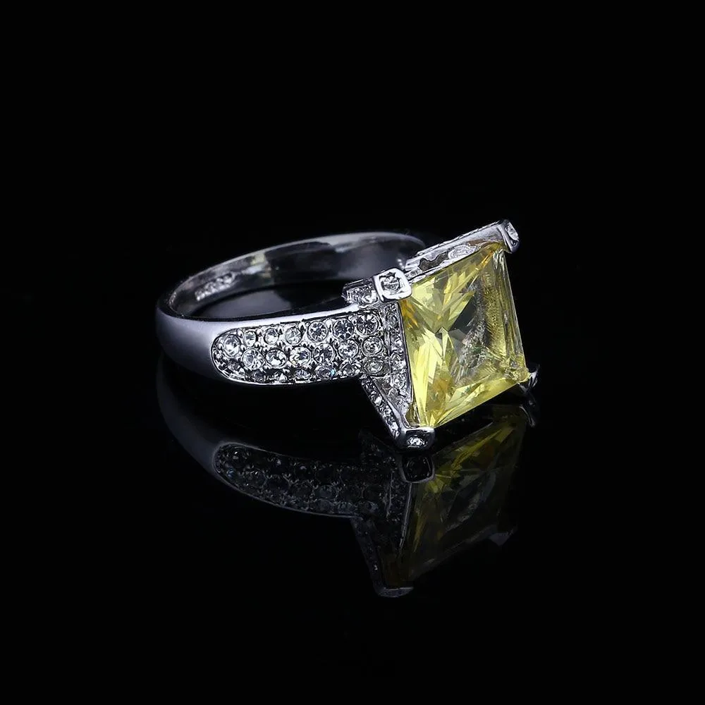 Sterling Silver Square Yellow CZ Alloy with Rhodium Plated Ring for Women