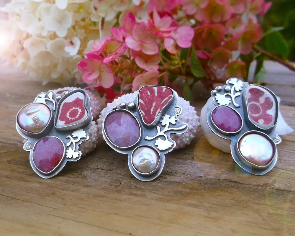 Summer Memories Ring No.1 -  Sapphire, Scottish Pottery and Opalescent Pearl