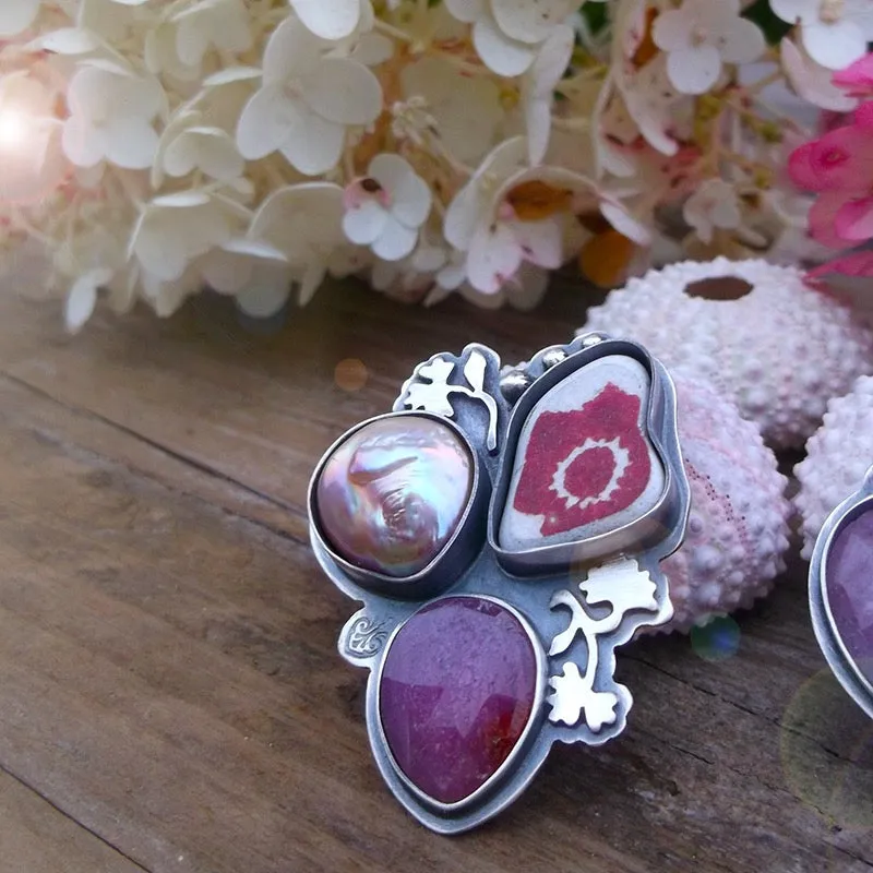Summer Memories Ring No.1 -  Sapphire, Scottish Pottery and Opalescent Pearl