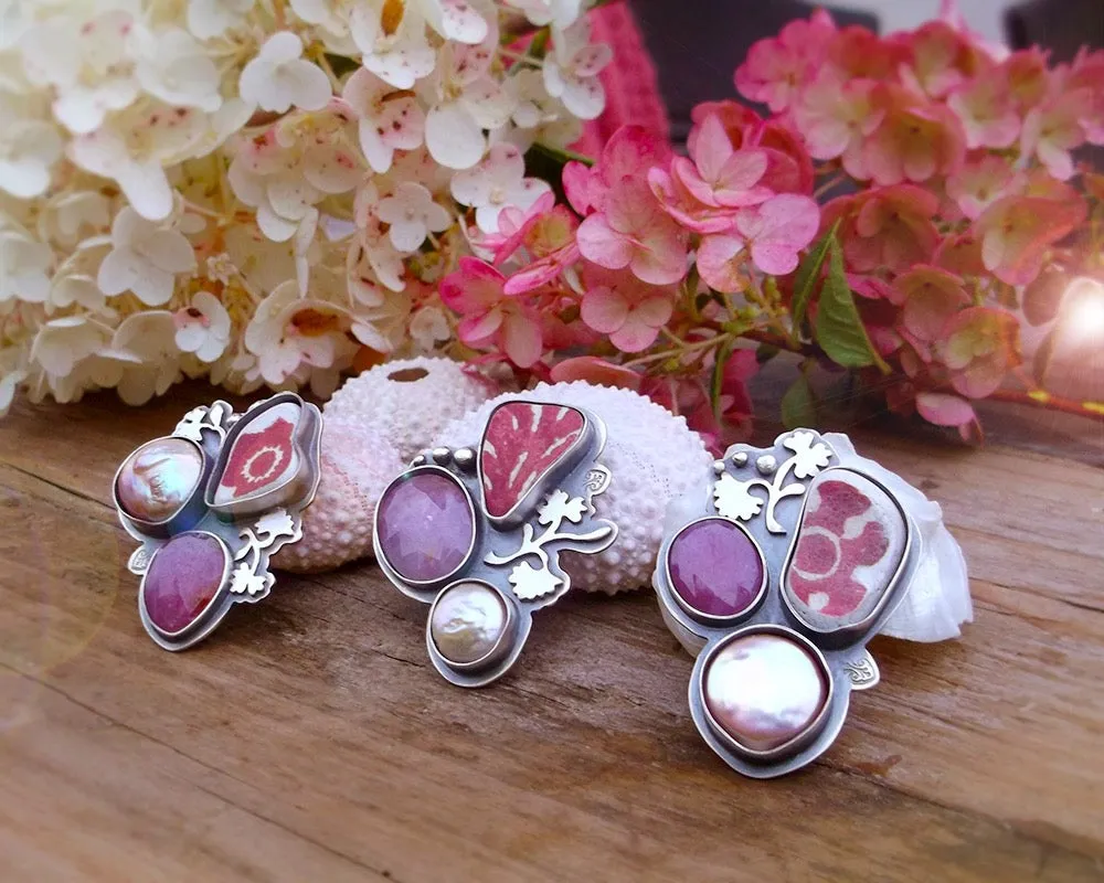 Summer Memories Ring No.2 - Sapphire, Scottish Pottery and Opalescent Pearl