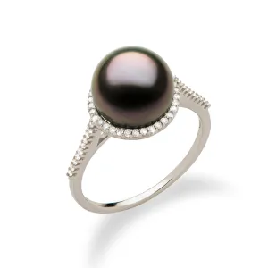 Tahitian Black Pearl Halo Ring in White Gold with Diamonds - 9-10mm