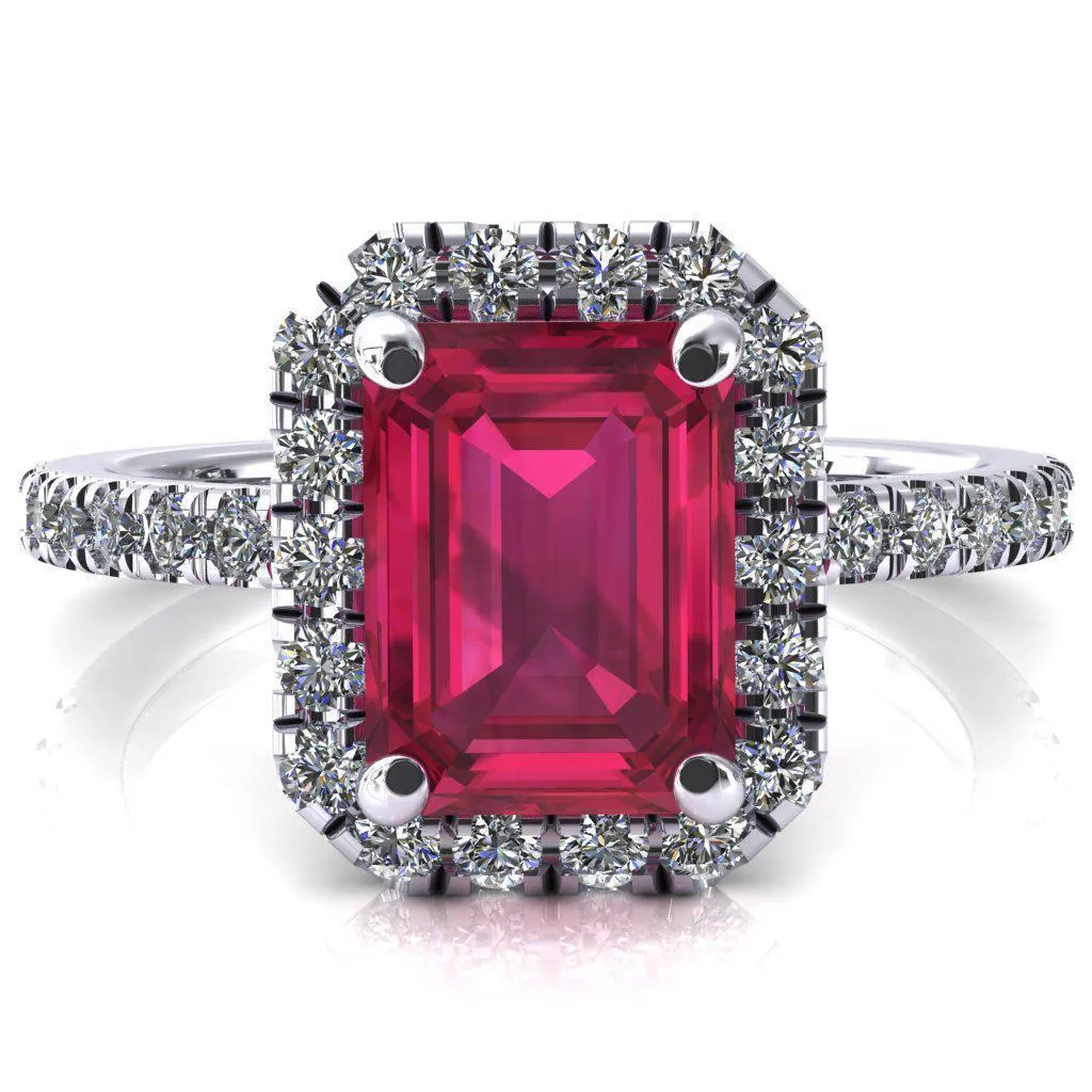 Talia Emerald Ruby 4 Prong Halo 5/8 Micropave Engagement Ring