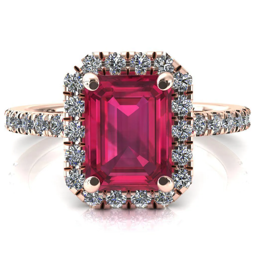 Talia Emerald Ruby 4 Prong Halo 5/8 Micropave Engagement Ring